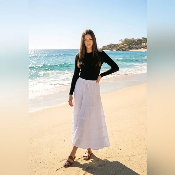 Sand N Sun Women’s Small White Tiered Midi Skirt Lightweight Cotton Boho Style - Picture 3 of 15